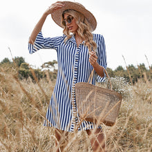 Load image into Gallery viewer, Button Up Striped Midi Blue Casual Shirt Dress
