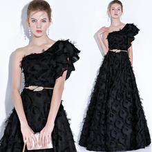 Load image into Gallery viewer, Short Puff Sleeve One Shoulder 3D Jacquard Chiffon Tassel Long Short Flare Evening Dress Gowns

