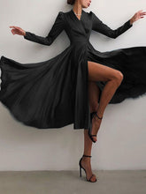 Load image into Gallery viewer, Silk-like Long Sleeve Wrap Satin A Line Notched Collar Pleated Formal Evening Dress
