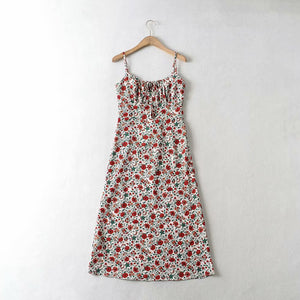 Three Colorway Vintage Floral Slim Tie Spaghetti Casual Dress