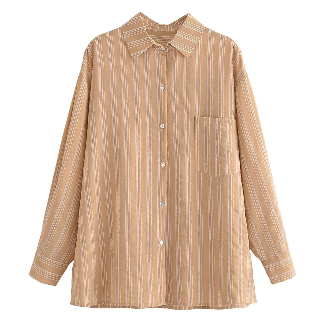 2022 Autumn Two Colorway Striped Oversized Midi Shirt