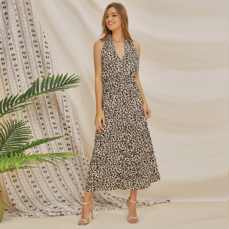 v neck sleeveless backless sexy leopard print maxi dress