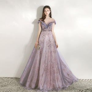 Off Shoulder Overlay Sequin Rhinestone Lace Flare Fancy Event Dress Presenter Performance Evening Dress
