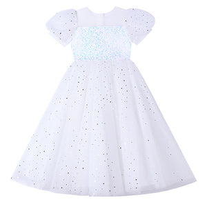 120-170cm Sequin Puff Sleeve Long Tulle Flower Girl Dress