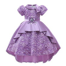 Load image into Gallery viewer, 100-150cm Kids Girls Jacquard Train Fancy Dresses Bowtie Collar Princess Short Sleeve Satin Puffy Dress
