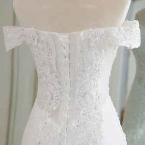 White Lace Big Train V Neck French Style Bridal Wedding Dress