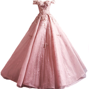 Bridal Dress 2022 New Design 3D Flower Striped Banquet Princess Off Shoulder Dusty Pink Puffy Evening Dresses