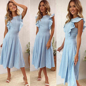 Fashion Frilled Zipper Asymmetrical Round Neck Lace Casual Dress