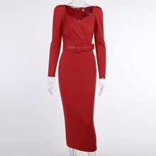 Load image into Gallery viewer, Ruched V Neck Long Sleeve Belted Midi Pencil Dress
