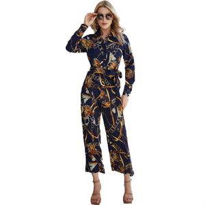 2022 Autumn Wide Leg Printed Shirt Style Jumpsuit