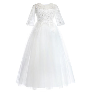 Half Sleeve Long Puffy White Flower Girl Dress