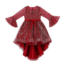 Load image into Gallery viewer, 110-160cm Girls Bell Sleeve Long Train Red Princess Event Performance Dress
