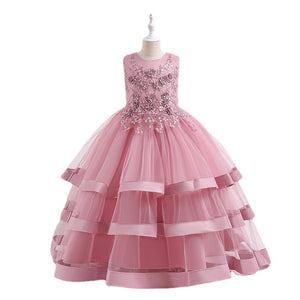 110-160cm Kids Handmade Beaded Lace Wedding Flower Girl Dress Long Satin Performance Princess Dress