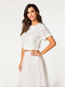 women trendy short sleeves sequin top polka dot tulle overlay skirt 2-piece set