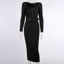 Load image into Gallery viewer, Ruched V Neck Long Sleeve Belted Midi Pencil Dress
