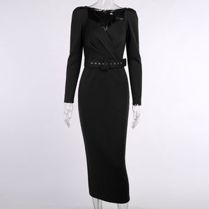 Ruched V Neck Long Sleeve Belted Midi Pencil Dress