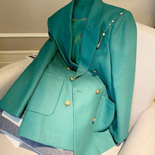 Load image into Gallery viewer, Vintage Green Double Breasted Gold Button Blazer
