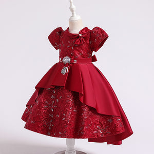 100-150cm Kids Girls Jacquard Train Fancy Dresses Bowtie Collar Princess Short Sleeve Satin Puffy Dress
