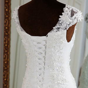 Long White Lace Sequin Embroidered Applique French Style Mermaid Wedding Gown with Sweeping Train