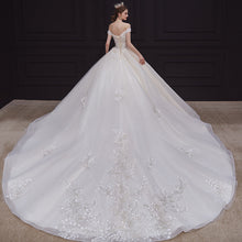 Load image into Gallery viewer, White Off Shoulder Embroidery Applique Fairy Big Train Elegant French Style Wedding Gown
