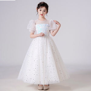 120-170cm Sequin Puff Sleeve Long Tulle Flower Girl Dress