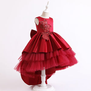 90-140cm Junior Girls Princess Dress Train Embroidered Tiered Performance Dress