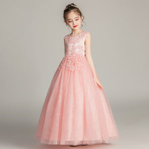 Kids Long Wedding Flower Girl Dress Tulle Puffy Princess Dress 3-15Y Girls Children's Day Performance Dress