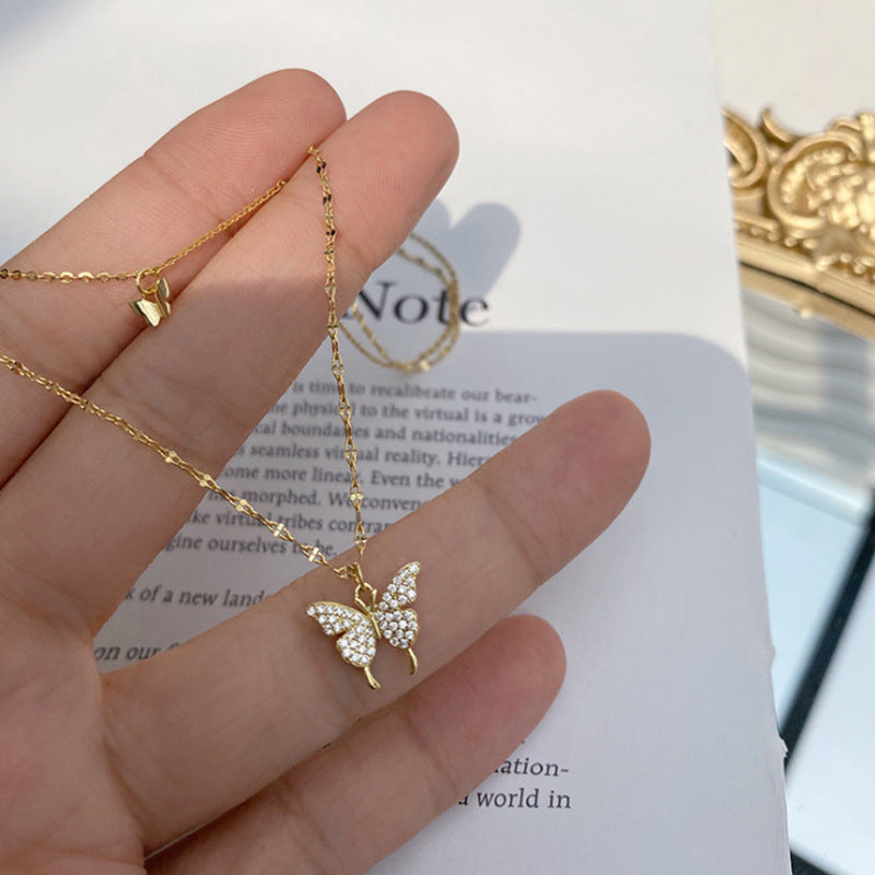 Rhinestone Double-layer Zircon Butterfly Collarbone Necklace