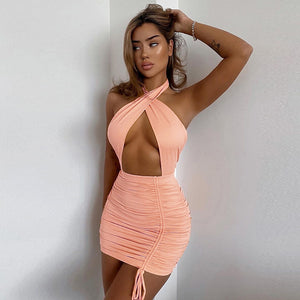 women sexy halter neck hollow out ruched mini bodycon dress