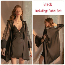 Load image into Gallery viewer, Satin Lace Bra Slip Nightdress Tie Robe Homewear Set
