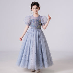 120-170cm Sequin Puff Sleeve Long Tulle Flower Girl Dress