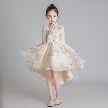 Load image into Gallery viewer, 110-160cm Children Long Sleeve Autumn Ethnic Style Chinoiserie Cheongsam Tulle Princess Dress Junior Performance Dress
