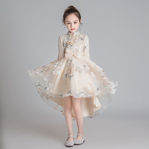 110-160cm Children Long Sleeve Autumn Ethnic Style Chinoiserie Cheongsam Tulle Princess Dress Junior Performance Dress