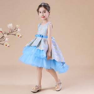 2-12Y Kids Fancy Dress Flower Girl Jacquard Puffy Performance Dress