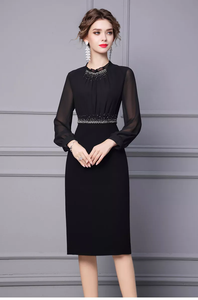 Autumn Long Sleeve Black Lace Rhinestone Midi Formal Pencil Dress