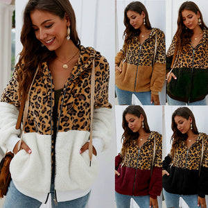 Contrast Leopard Womens Fuzzy Hoodies Long Sleeve Zip Up Sweatshirt Fleece jacket and coat for ladies
