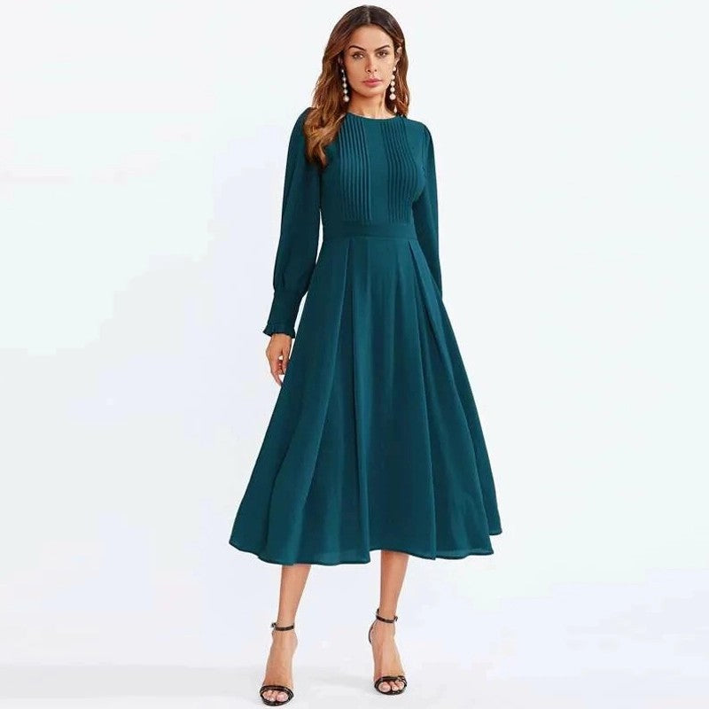 Pretty autumn winter lady long frock for women bishop sleeve frillefd cuff pleated detail flare dress