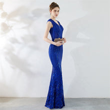 Load image into Gallery viewer, women V neck cap sleeve sequin long prom dress
