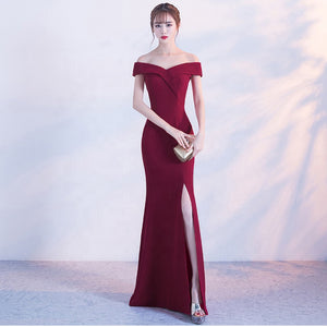 off shoulder side split party bridesmaid wear long simple lady gown korean evening dress