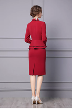 Load image into Gallery viewer, Autumn New Design Maroon Blazer Skirt Faux Two Piece Peplum Frilled Pencil Formal Dress
