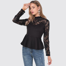 Load image into Gallery viewer, Lace spliced black flare hem blouse
