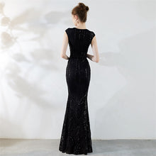 Load image into Gallery viewer, women V neck cap sleeve sequin long prom dress
