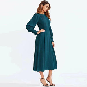 Pretty autumn winter lady long frock for women bishop sleeve frillefd cuff pleated detail flare dress