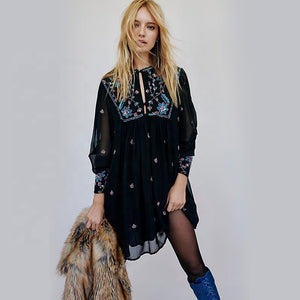 Embroidered retro hollow out transparent long sleeve chiffon woman summer short boho dress black