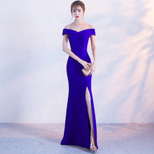 Load image into Gallery viewer, off shoulder side split party bridesmaid wear long simple lady gown korean evening dress
