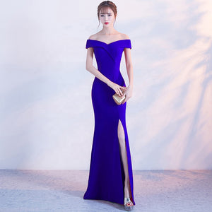 off shoulder side split party bridesmaid wear long simple lady gown korean evening dress