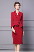 Load image into Gallery viewer, Autumn New Design Maroon Blazer Skirt Faux Two Piece Peplum Frilled Pencil Formal Dress

