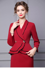 Load image into Gallery viewer, Autumn New Design Maroon Blazer Skirt Faux Two Piece Peplum Frilled Pencil Formal Dress
