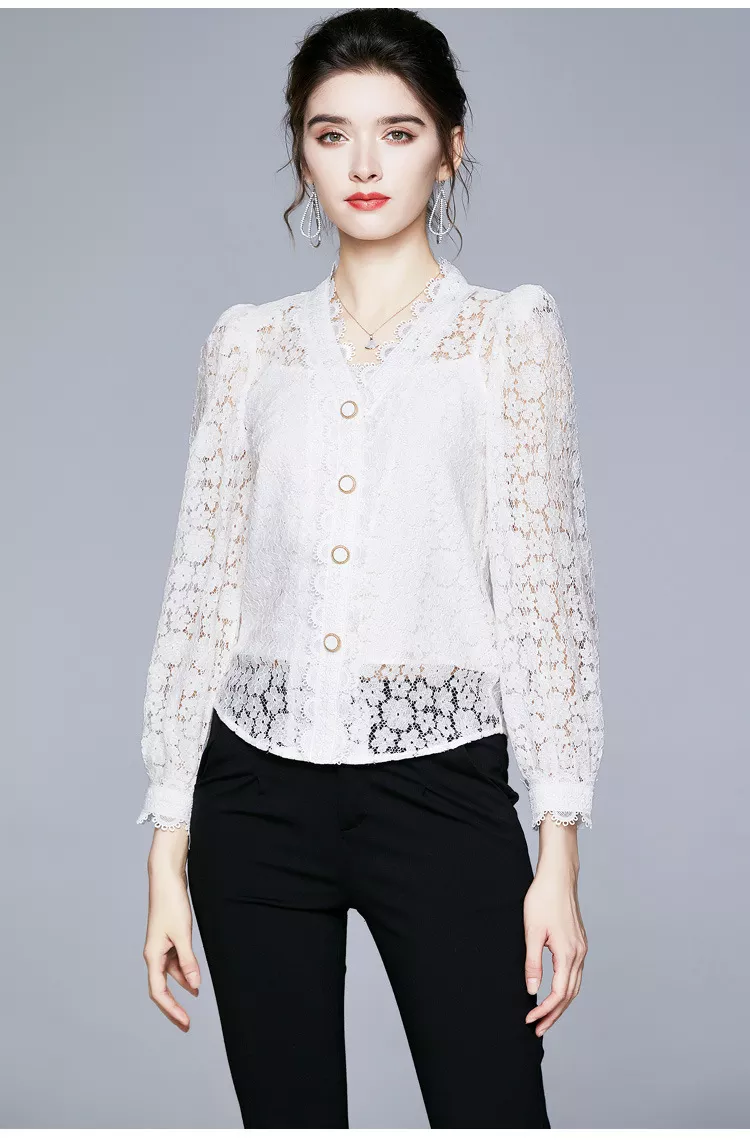 2022 New Design Ladies White Lace V Neck Puff Long Sleeve Short Blouse with Tank Top