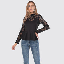 Load image into Gallery viewer, Lace spliced black flare hem blouse
